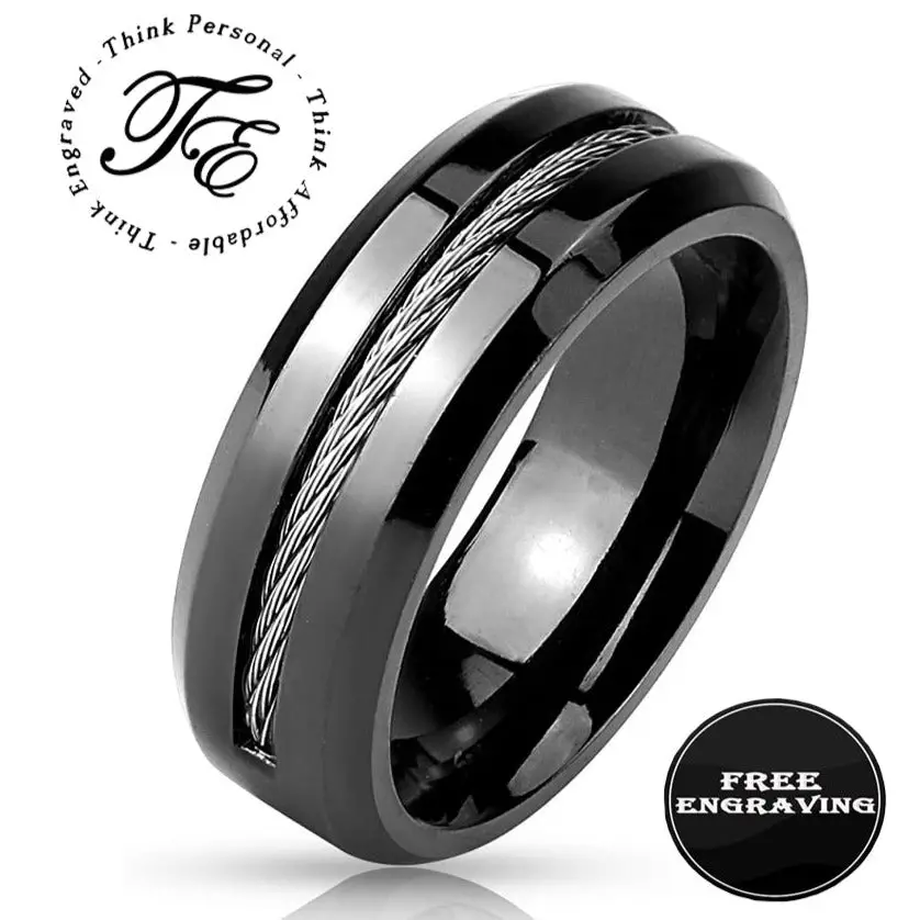ThinkEngraved Engraved Ring 9 Personalized Engraved Wire Cable Wedding Ring For Men - Handwriting Ring