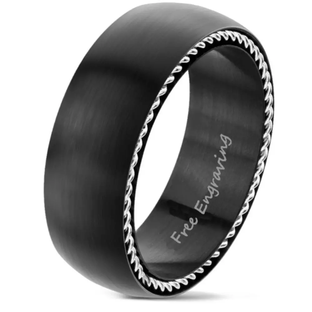 ThinkEngraved Engraved Ring 9 Personalized Men's Promise Ring - Side Wire Cable Inlay Stainless Steel