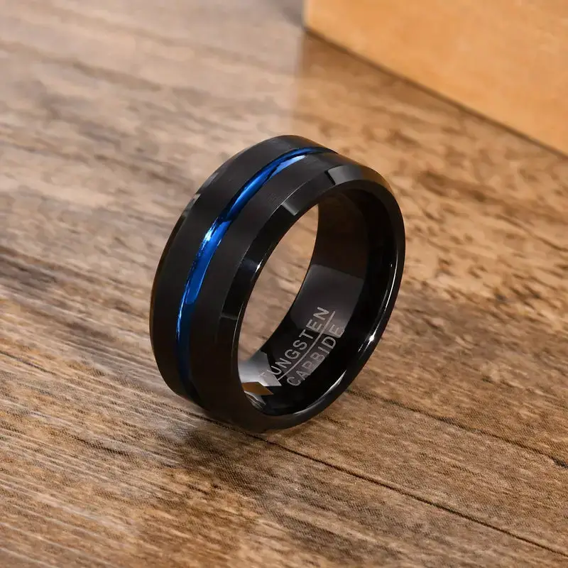ThinkEngraved Engraved Ring Personalized Men's Blue Line Tungsten Promise Ring - Handwriting Ring