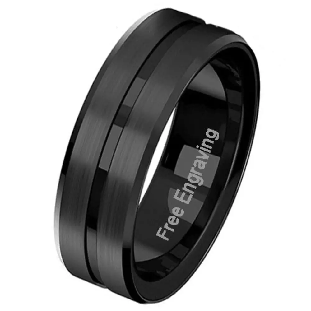 ThinkEngraved Engraved Ring Personalized Men's Promise Ring - Black Center Groove Stainless Steel