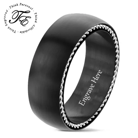 ThinkEngraved Engraved Ring Personalized Men's Promise Ring - Side Wire Cable Inlay Stainless Steel