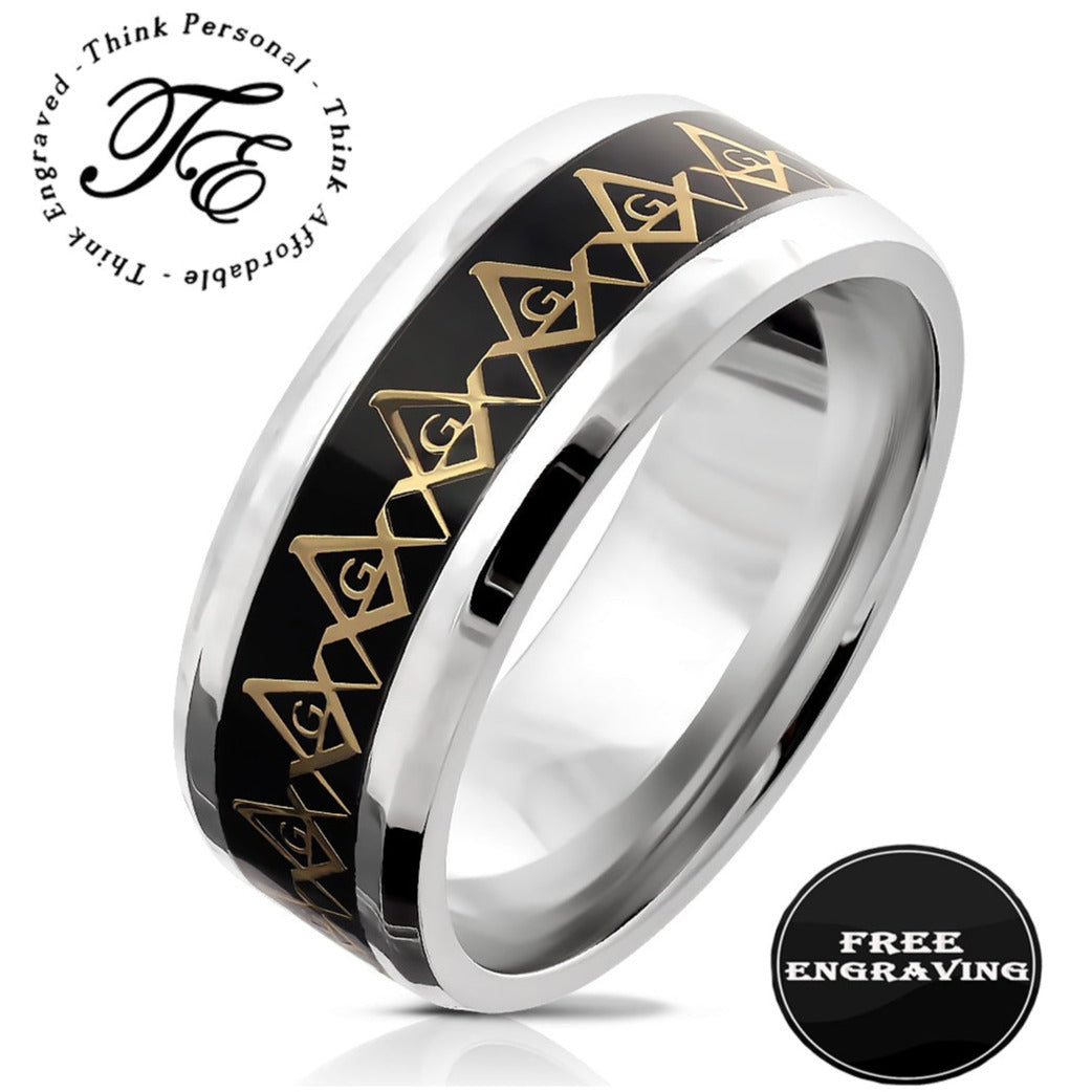 ThinkEngraved Mason Ring 9 Personalized Black Gold Masonic Compass Ring Engraved Mason Ring