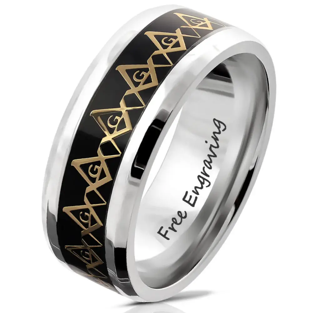 ThinkEngraved Mason Ring 9 Personalized Black Gold Masonic Compass Ring Engraved Mason Ring