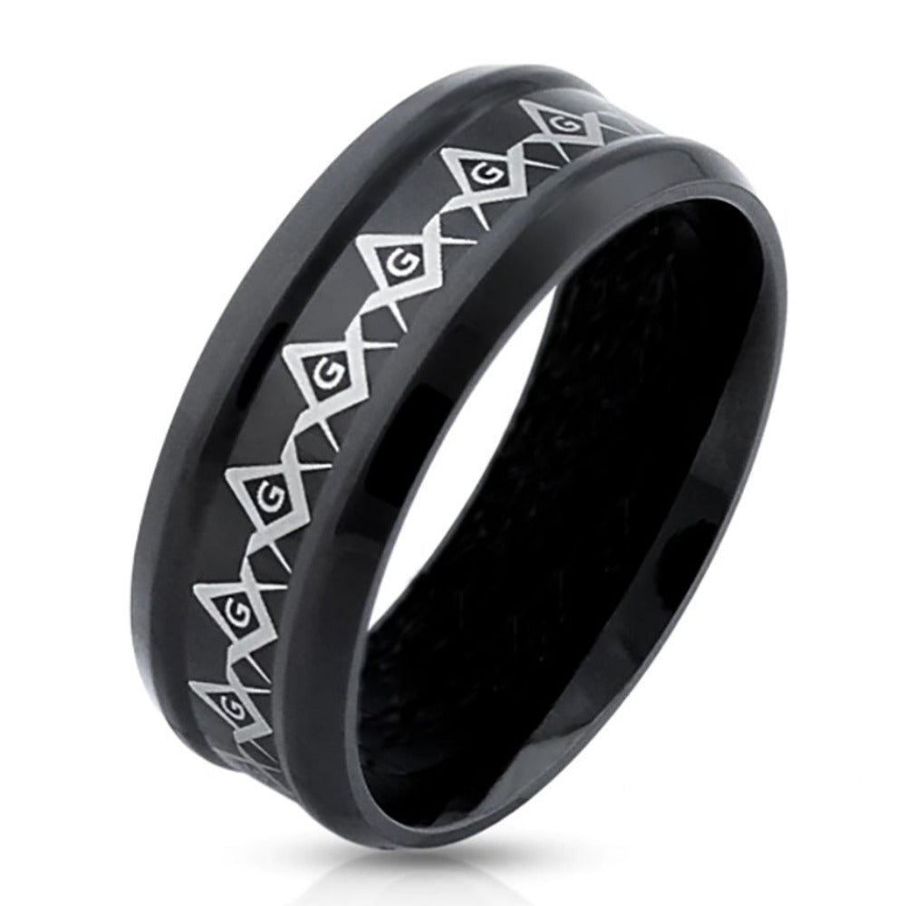 ThinkEngraved Mason Ring 9 Personalized Black Grooved Masonic Compass Ring Engraved Free Mason