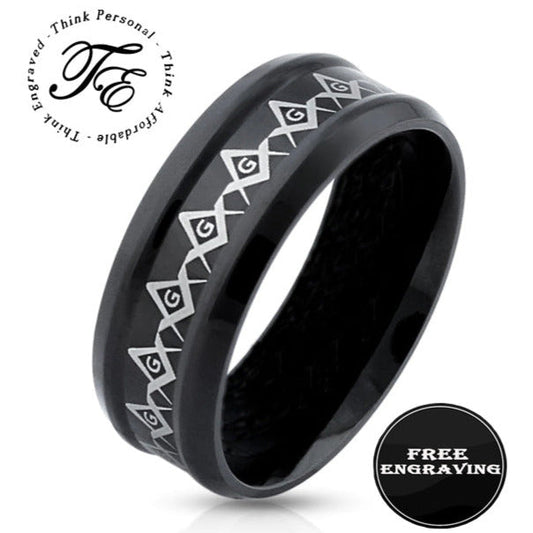 ThinkEngraved Mason Ring 9 Personalized Black Grooved Masonic Compass Ring Engraved Free Mason