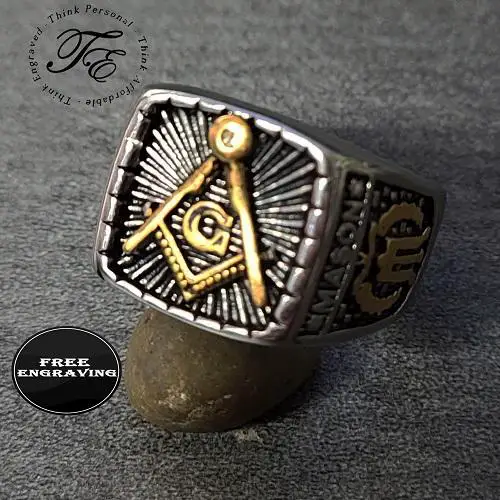 ThinkEngraved Mason Ring 9 Personalized Ornate Free Mason Compass Ring Engraved Masonic Ring