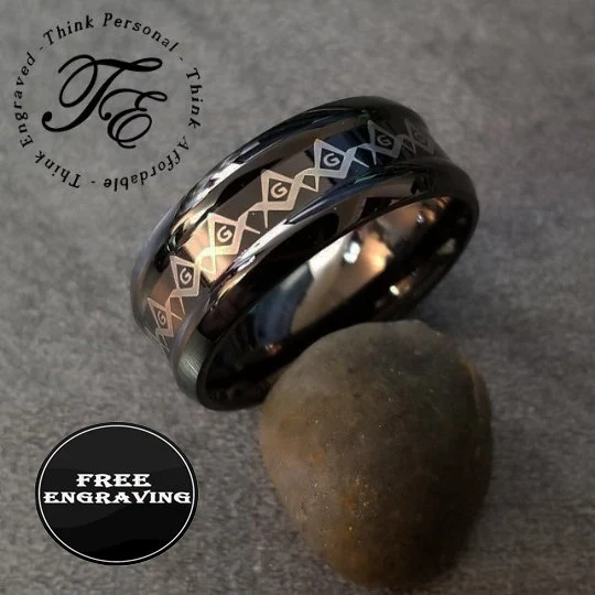 ThinkEngraved Mason Ring Personalized Black Grooved Masonic Compass Ring Engraved Free Mason