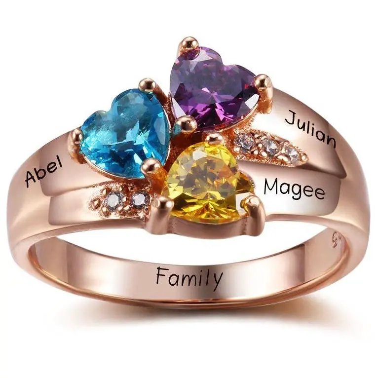 ThinkEngraved Mother's Ring 3 BirthStone Rose Gold Mother's Ring Three Loves 3 Names