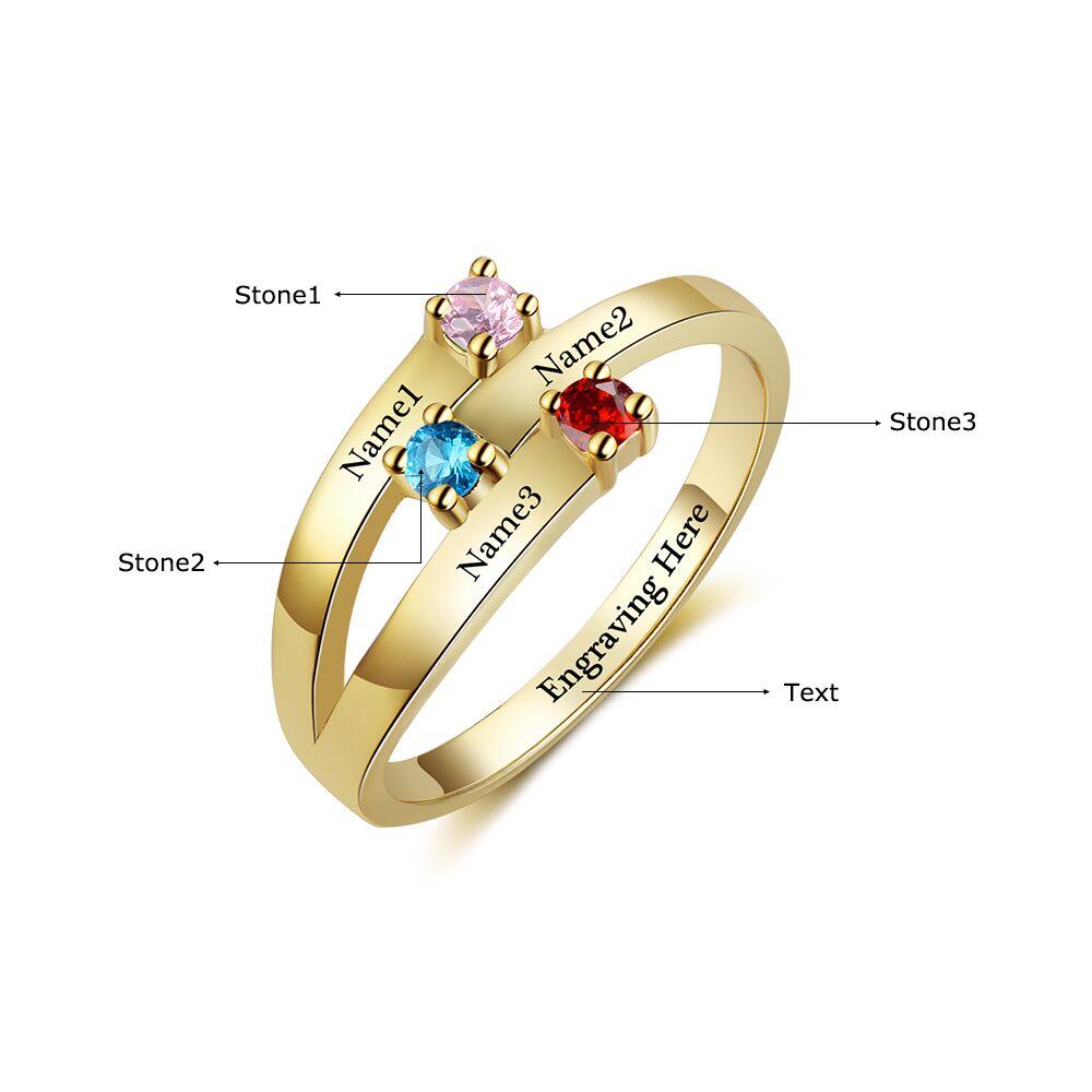 ThinkEngraved Mother's Ring 3 Stone Mother's Ring Gold Ribbon Band 3 Engraved Names
