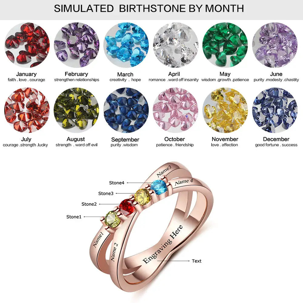 ThinkEngraved Mother's Ring 4 Birthstone Gold Mother's Ring Lined Hearts Split Band 4 Names