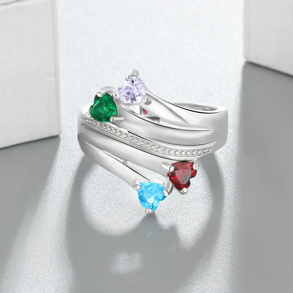 ThinkEngraved Mother's Ring 4 Birthstone Mother's Ring Passing Hearts Ribbon 4 Names