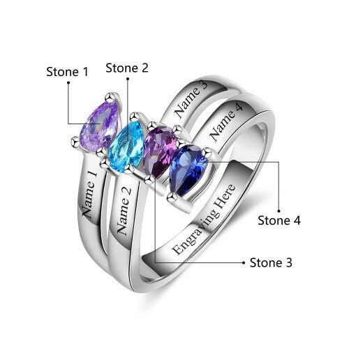 ThinkEngraved Mother's Ring 4 Birthstone Mother's Ring Tear Drop Cut Gems 4 Engraved Names