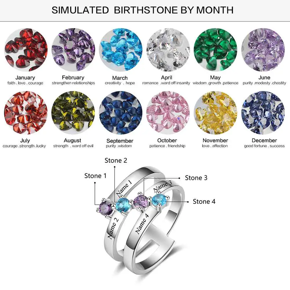 ThinkEngraved Mother's Ring 4 Birthstone Mothers Ring Diagonal Set 4 Engraved Names