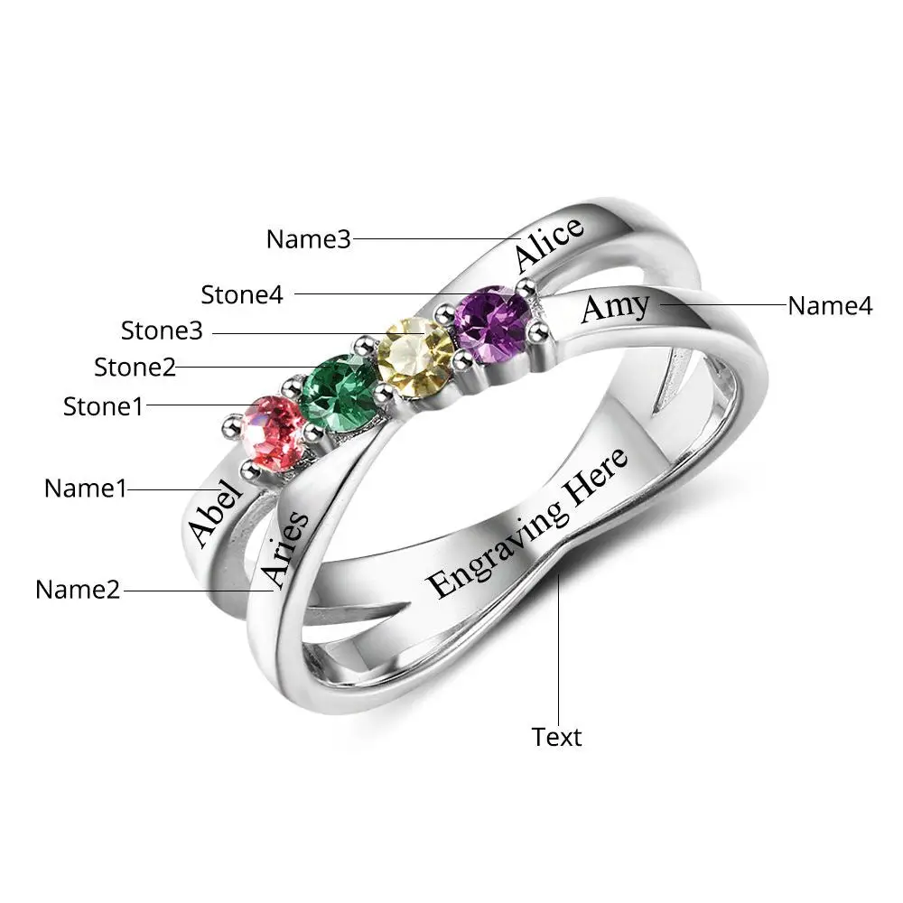 ThinkEngraved Mother's Ring 4 Birthstone Sterling Silver Mother's Ring Lined Hearts Split Band 4 Names