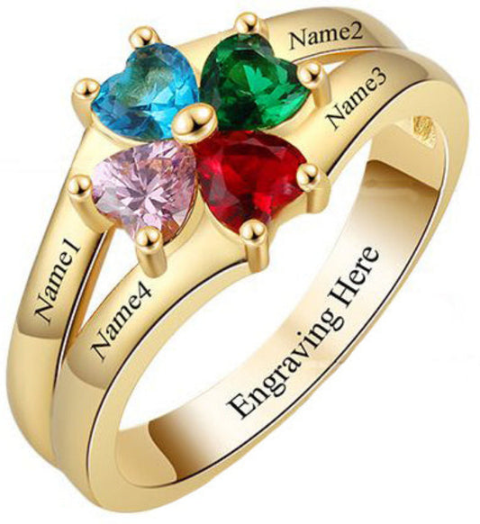 ThinkEngraved Mother's Ring 4 Heart Birthstone Mother's Ring 14k Gold Flower Flower Design