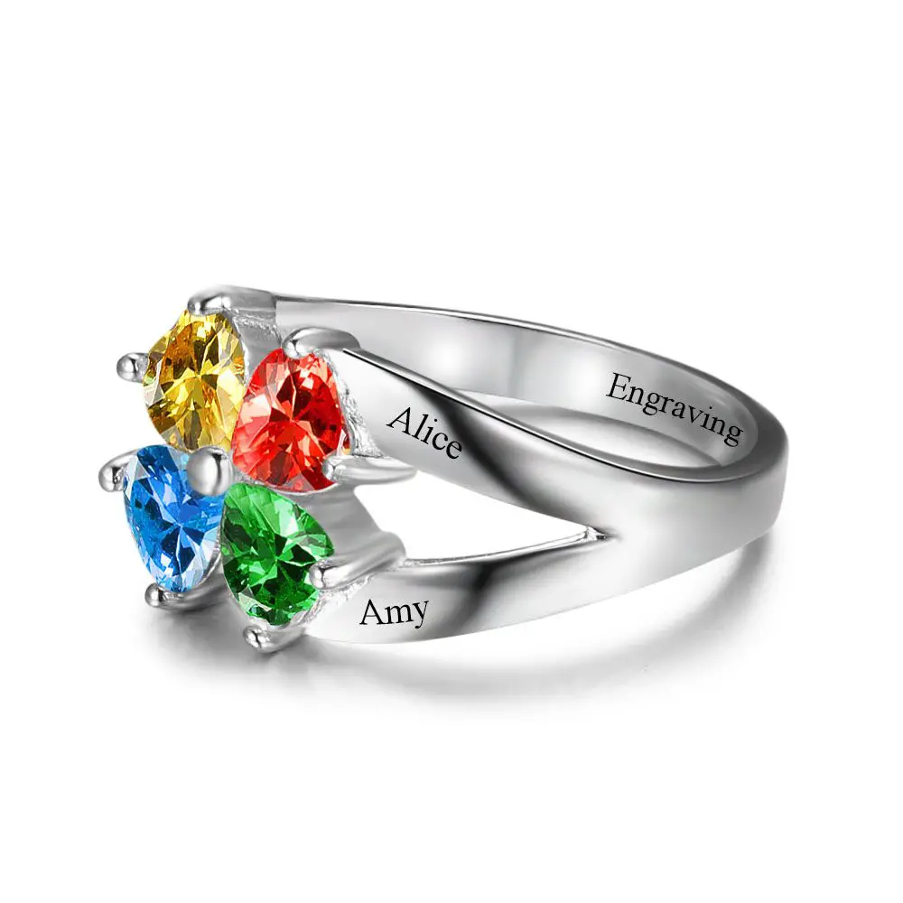 ThinkEngraved Mother's Ring 4 Heart Birthstone Mother's Ring .925 Sterling Hearts Together 4 Names