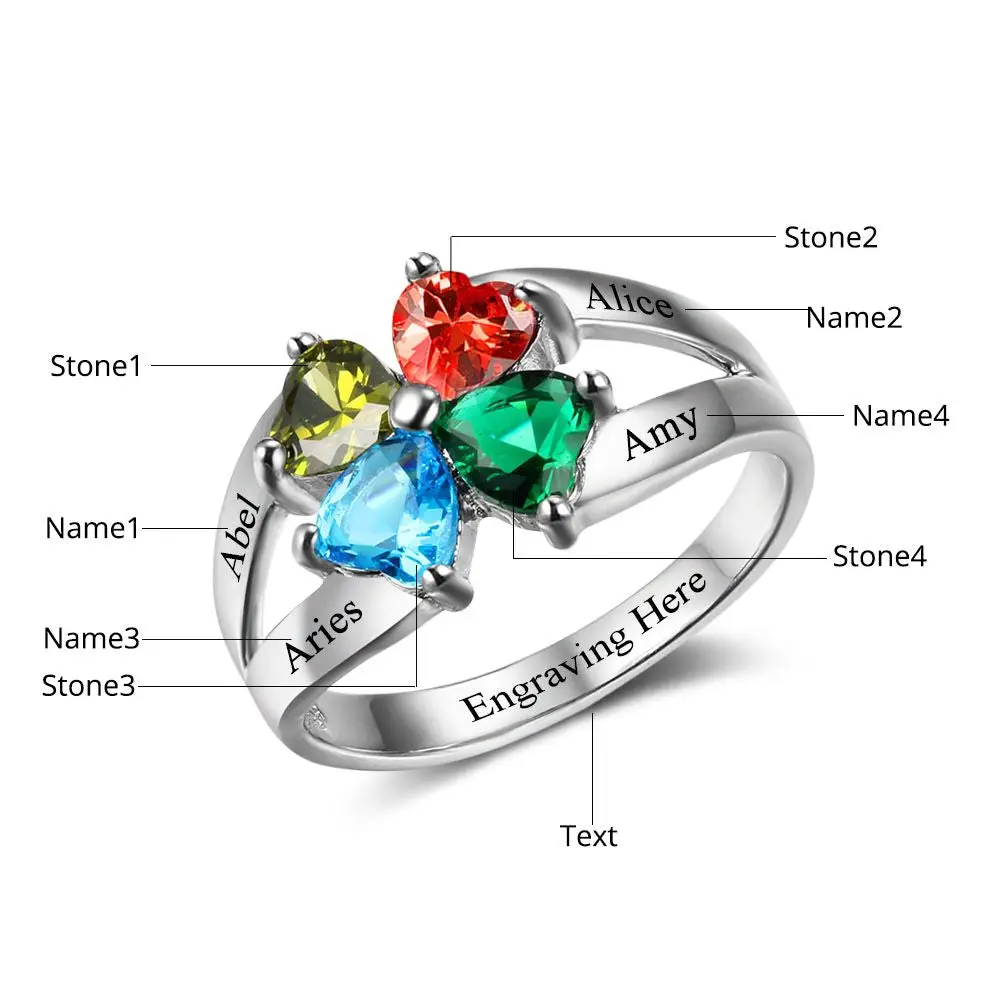 ThinkEngraved Mother's Ring 4 Heart Birthstone Mother's Ring .925 Sterling Hearts Together 4 Names