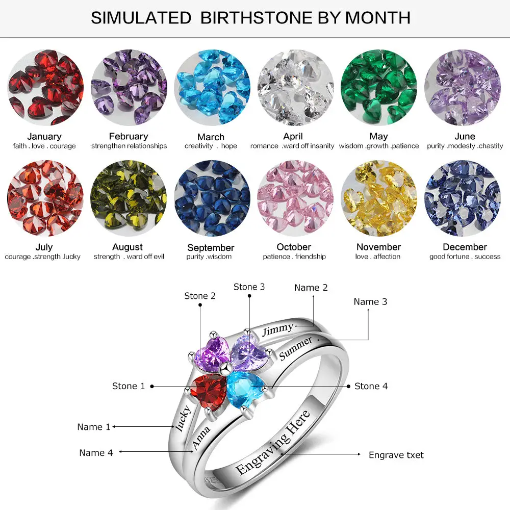 ThinkEngraved Mother's Ring 4 Heart Birthstone Mother's Ring Sterling Silver Flower Flower Design