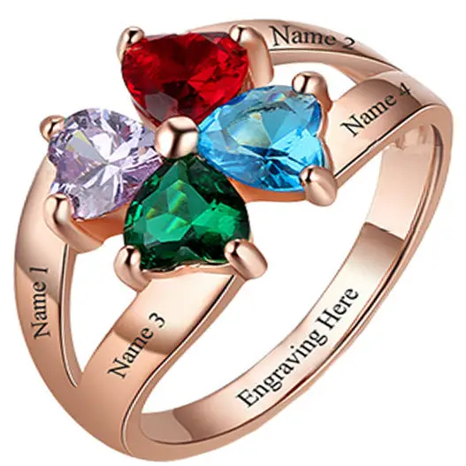 ThinkEngraved Mother's Ring 5 / 14k rose gold over sterling silver 4 Heart Birthstone Mother's Ring 14k Gold Hearts Together 4 Names