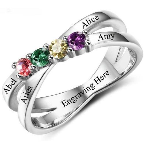 ThinkEngraved Mother's Ring 5 4 Birthstone Sterling Silver Mother's Ring Lined Hearts Split Band 4 Names