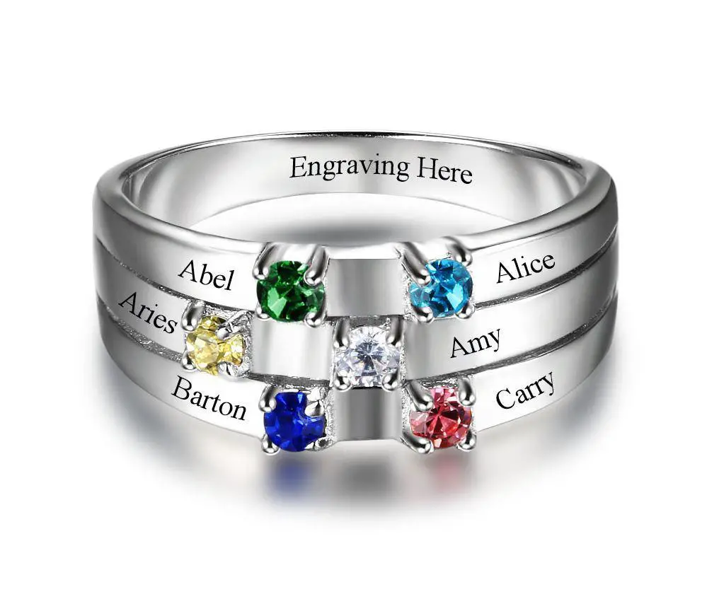 ThinkEngraved Mother's Ring 5 Personalized Mother's Ring 6 Stone 6 Engraved Names Ribbon Band