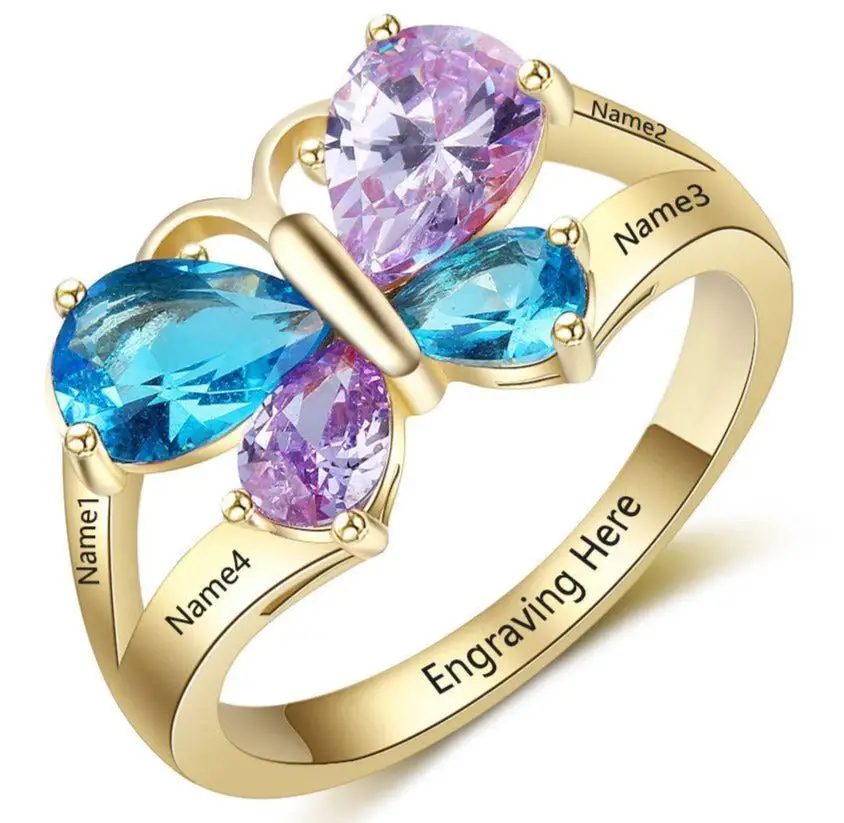 ThinkEngraved Mother's Ring 6 / 14k gold over sterling silver 4 Birthstone Mother's Ring Gold Butterfly Design 4 Names