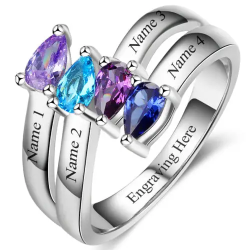 ThinkEngraved Mother's Ring 6 4 Birthstone Mother's Ring Tear Drop Cut Gems 4 Engraved Names