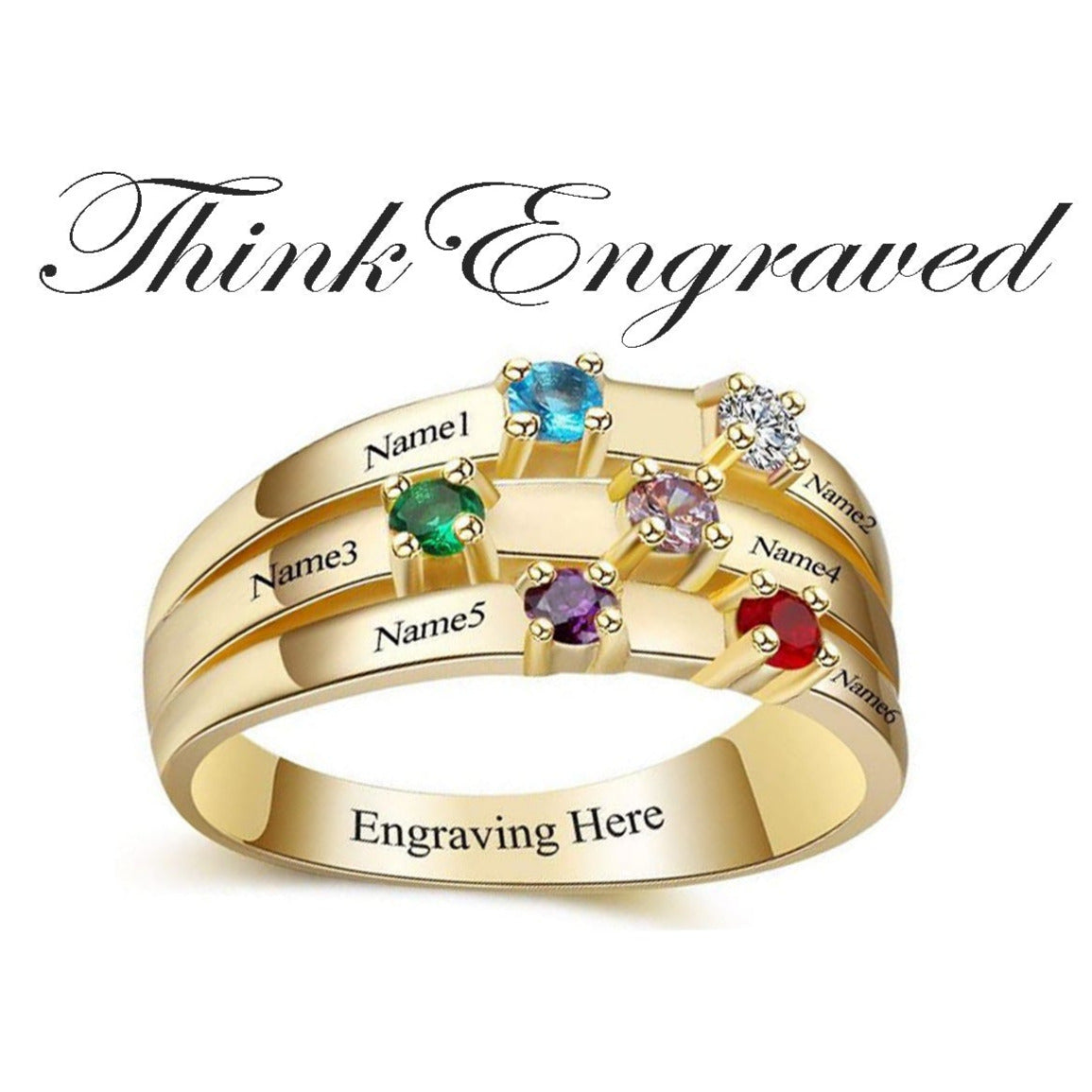 ThinkEngraved Mother's Ring 6 Birthstone Gold Mother's Ring 3 Split Ribbon Band 6 Names