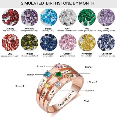 ThinkEngraved Mother's Ring 6 Birthstone Rose Gold Mother's Ring 3 Split Ribbon Band 6 Names