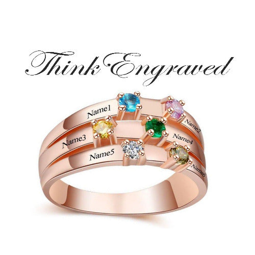 ThinkEngraved Mother's Ring 6 Birthstone Rose Gold Mother's Ring 3 Split Ribbon Band 6 Names