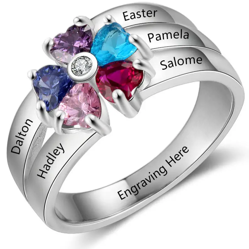 ThinkEngraved Mother's Ring 6 Personalized Mother's Ring 5 Birthstones 5 Engraved Names Flower Design
