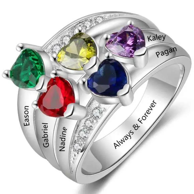 ThinkEngraved Mother's Ring 6 Personalized Mother's Ring 5 Heart Birthstones 5 Engraved Names