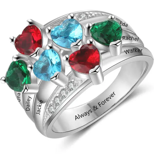 ThinkEngraved Mother's Ring 6 Personalized Mothers Ring 6 Heart Birthstones and 6 Engraved Names