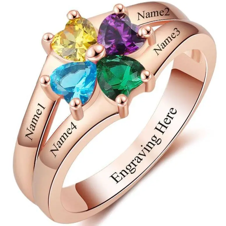 ThinkEngraved Mother's Ring 6 Personalized Rose Gold Mother's Ring 4 Birthstones Circled Hearts 4 Names