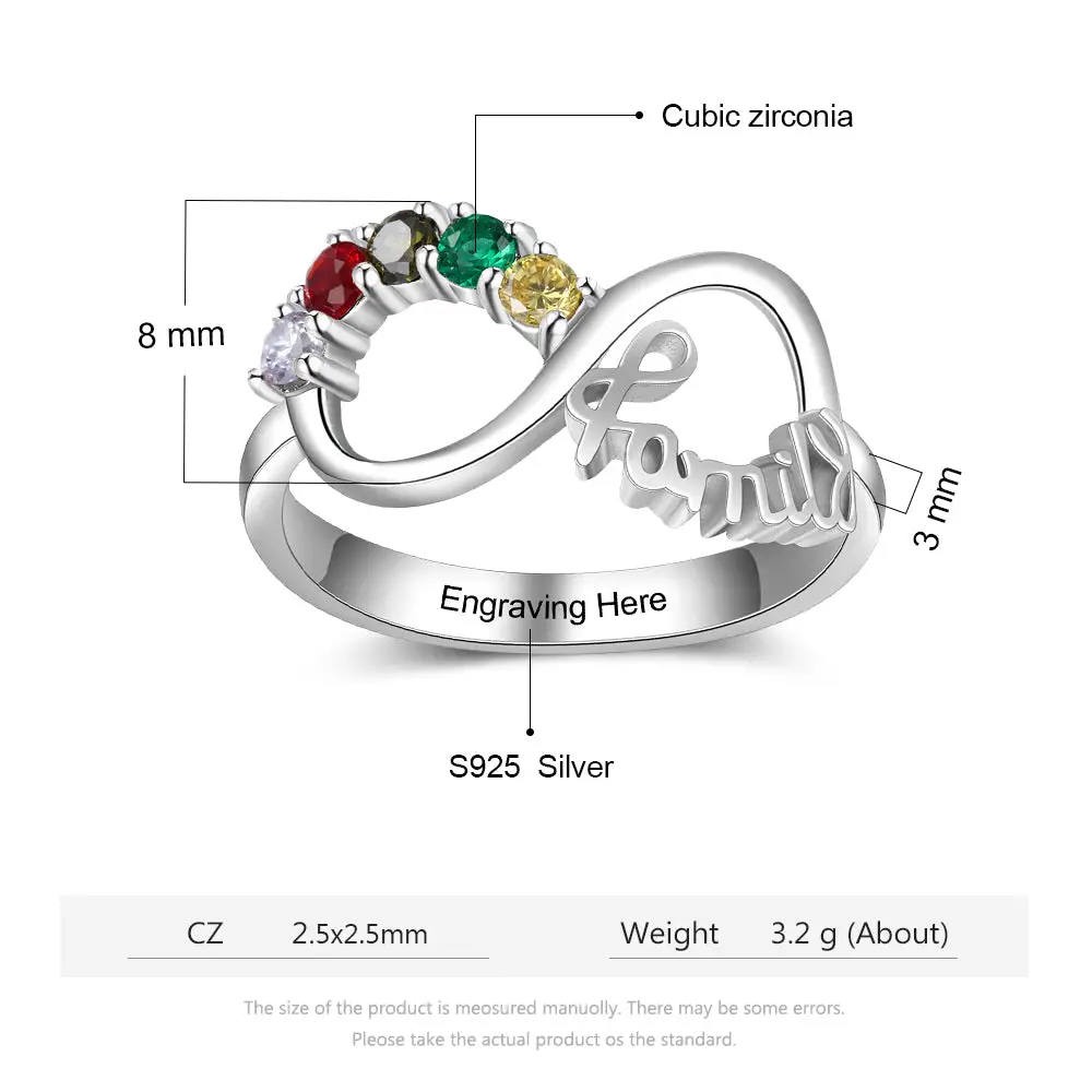 ThinkEngraved Mother's Ring Personalized 5 Birthstone Mother's Infinity Ring Family 5 Engraved Names