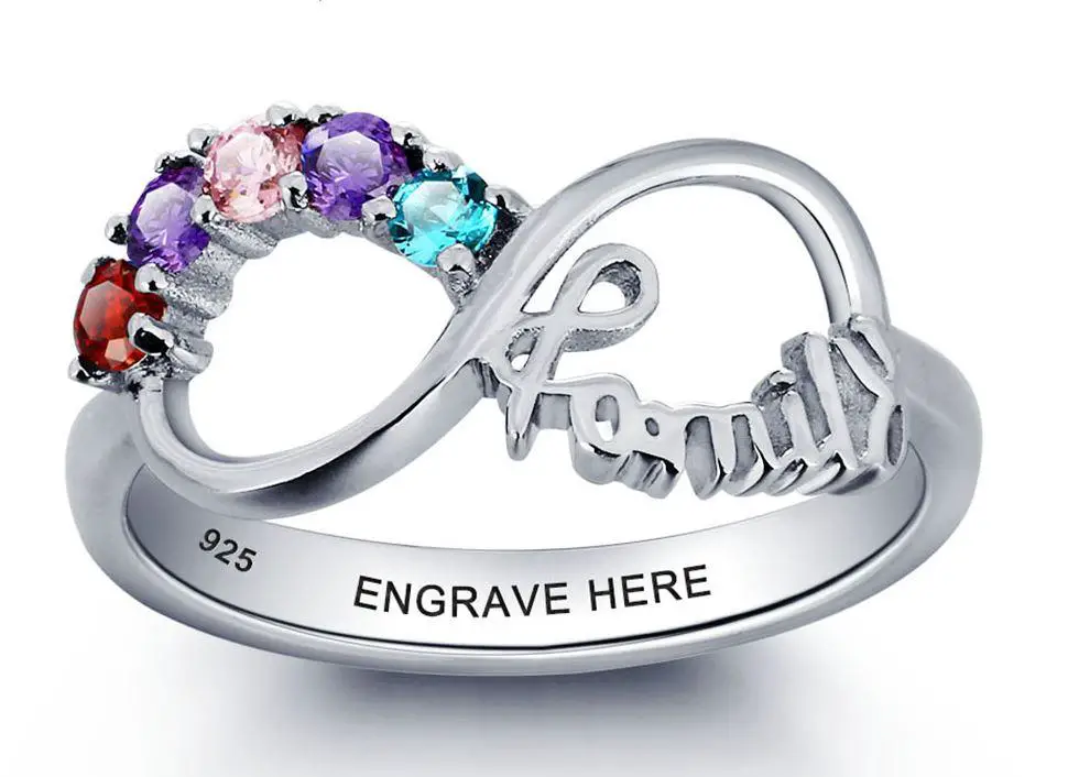 ThinkEngraved Mother's Ring Personalized 5 Birthstone Mother's Infinity Ring Family 5 Engraved Names