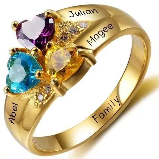 ThinkEngraved Mother's Ring Personalized Gold Mother's Ring 3 Birthstones Three Loves 3 Names