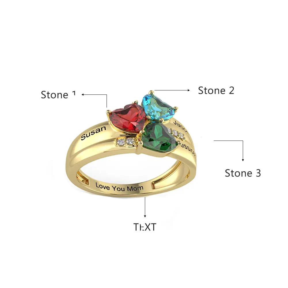 ThinkEngraved Mother's Ring Personalized Gold Mother's Ring 3 Birthstones Three Loves 3 Names