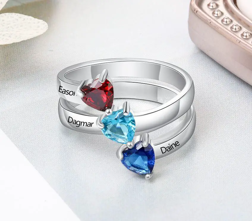 ThinkEngraved Mother's Ring Personalized Mother's Ring 3 Heart Birthstones Stacked 3 Engraved Names