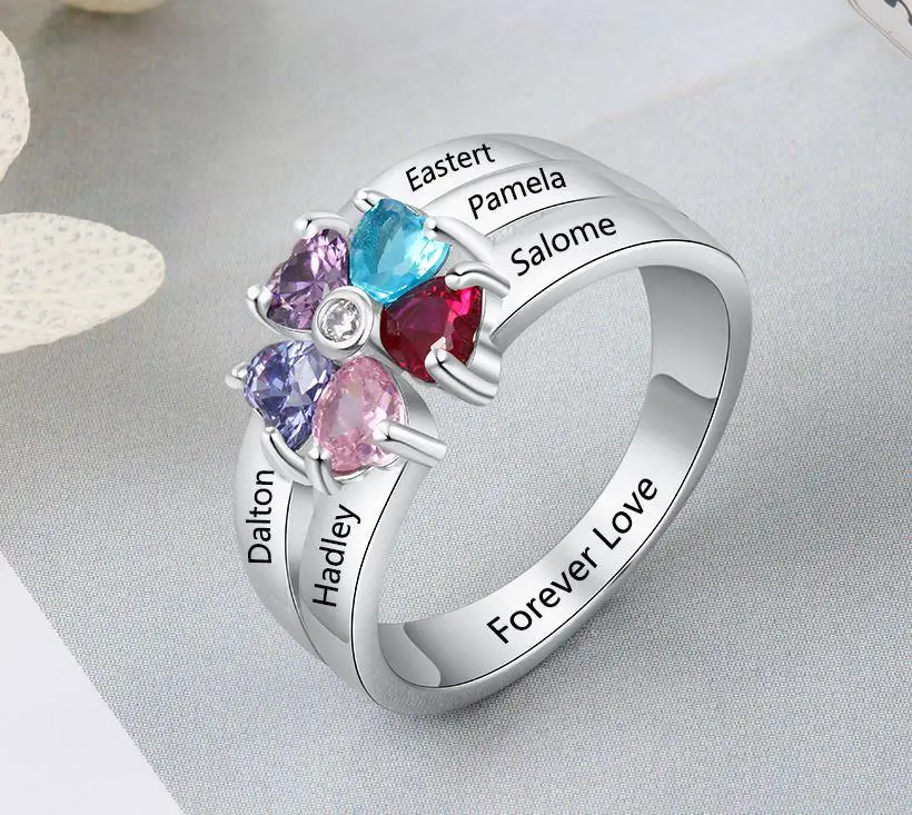 ThinkEngraved Mother's Ring Personalized Mother's Ring 5 Birthstones 5 Engraved Names Flower Design