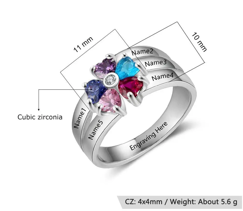ThinkEngraved Mother's Ring Personalized Mother's Ring 5 Birthstones 5 Engraved Names Flower Design