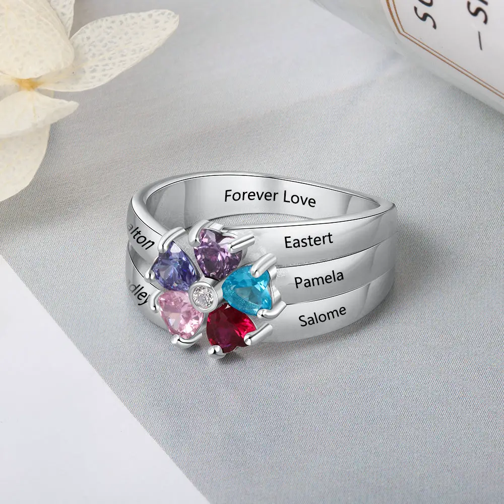 ThinkEngraved Mother's Ring Personalized Mother's Ring 5 Birthstones 5 Engraved Names Flower Design