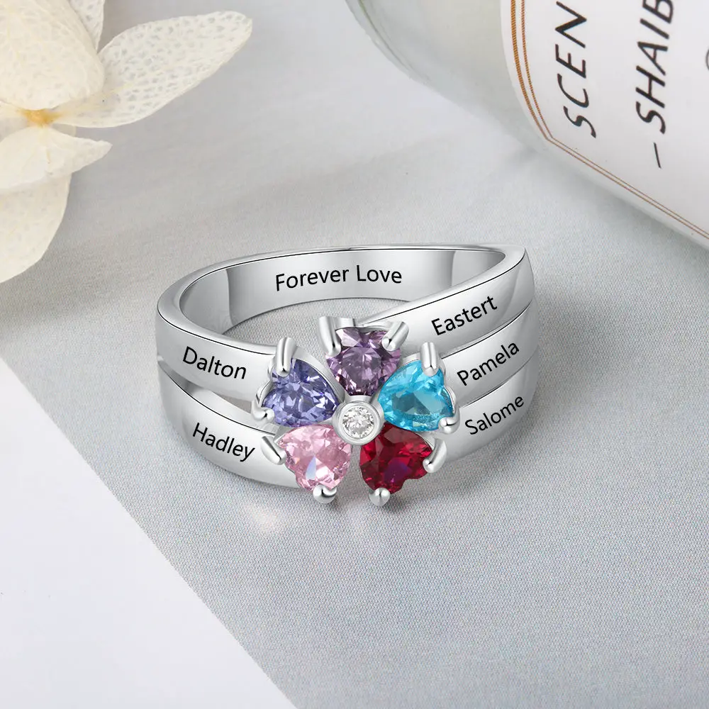 ThinkEngraved Mother's Ring Personalized Mother's Ring 5 Birthstones 5 Engraved Names Flower Design