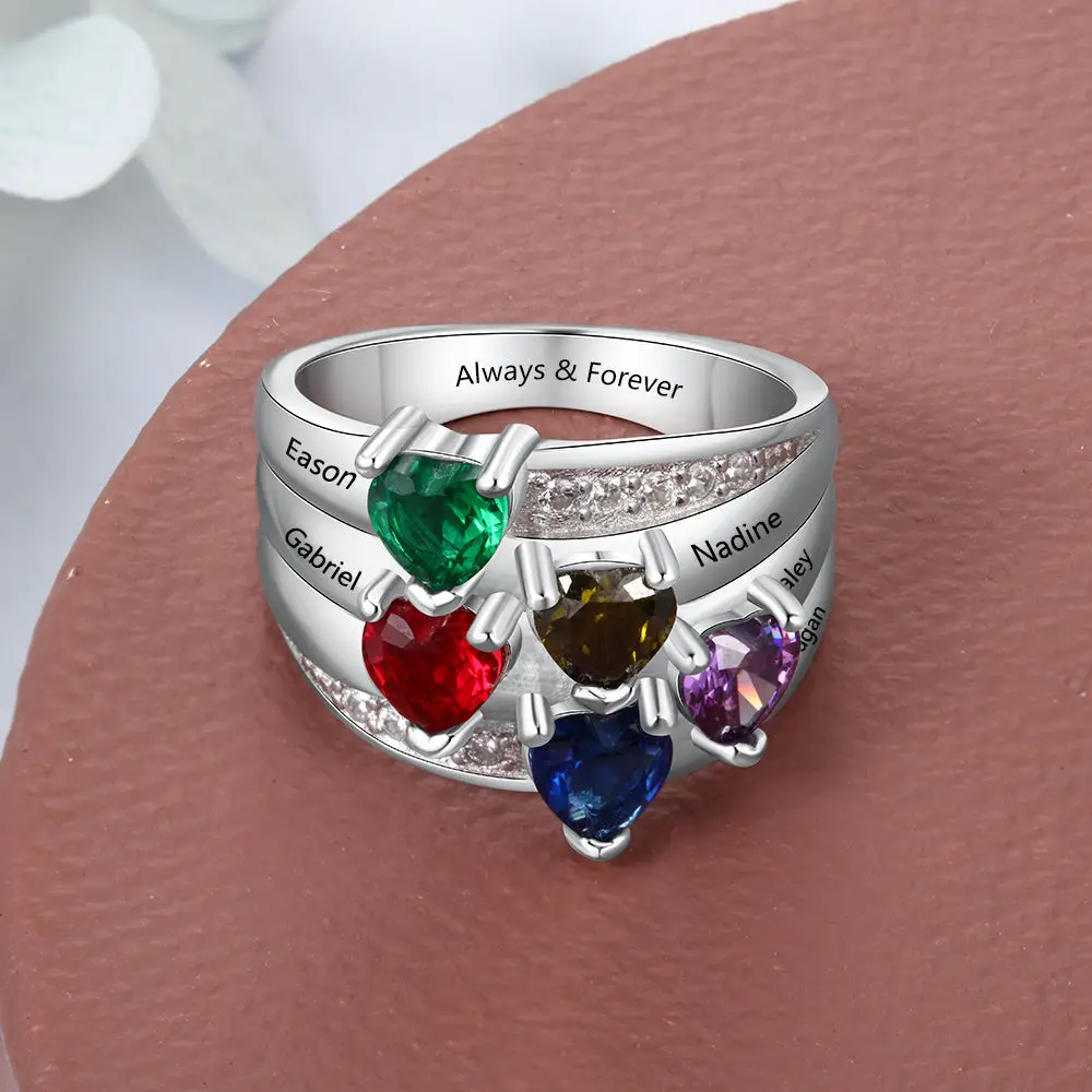 ThinkEngraved Mother's Ring Personalized Mother's Ring 5 Heart Birthstones 5 Engraved Names