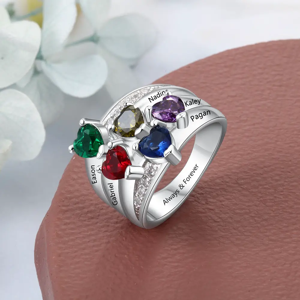 ThinkEngraved Mother's Ring Personalized Mother's Ring 5 Heart Birthstones 5 Engraved Names