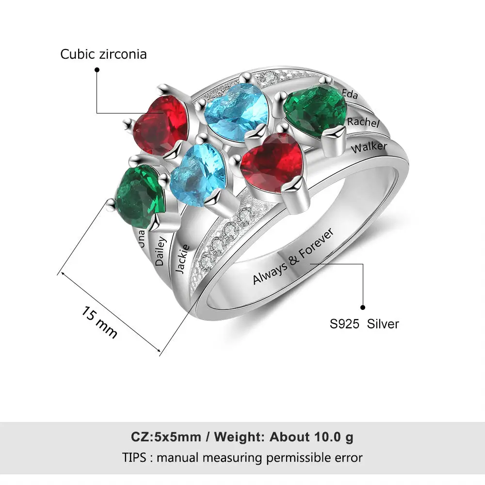 ThinkEngraved Mother's Ring Personalized Mothers Ring 6 Heart Birthstones and 6 Engraved Names
