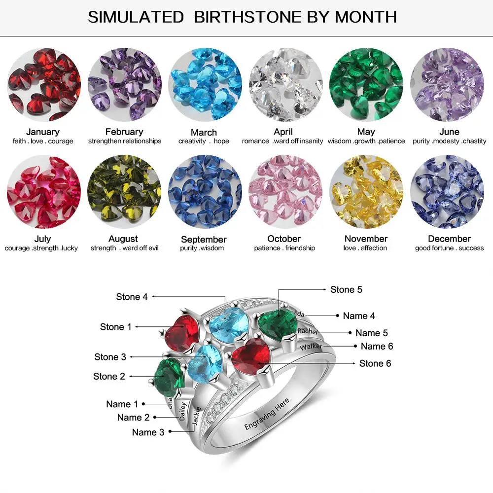 ThinkEngraved Mother's Ring Personalized Mothers Ring 6 Heart Birthstones and 6 Engraved Names