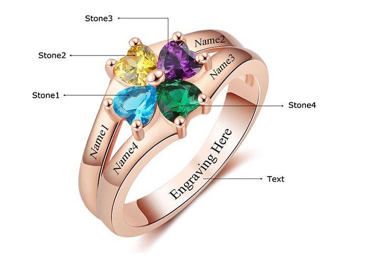 ThinkEngraved Mother's Ring Personalized Rose Gold Mother's Ring 4 Birthstones Circled Hearts 4 Names