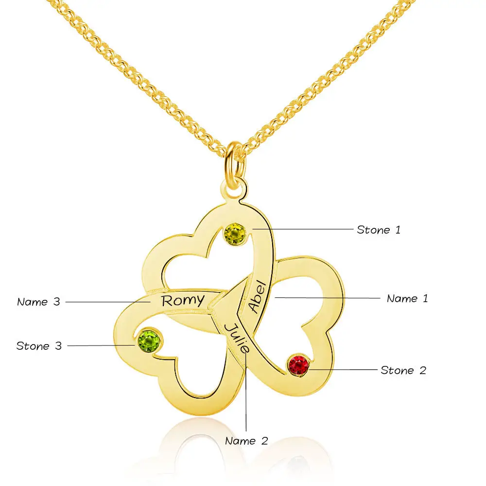 ThinkEngraved mothers necklace 14k gold over sterling silver Personalized 3 Birthstone Mother's Ring Heart Clover 3 Engraved Names