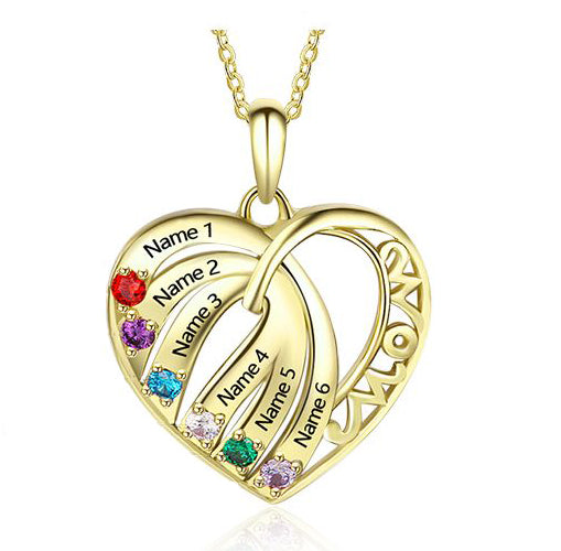 ThinkEngraved mothers necklace 14k gold over sterling silver Personalized 6 Stone Mother's Necklace MOM Heart Pendant 6 Names